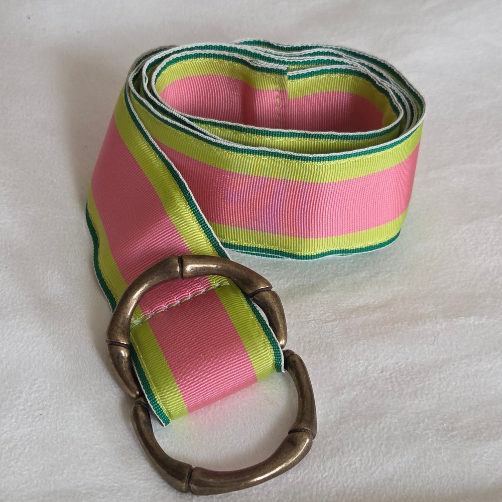 J.Crew Ribbon Belt Med Pink Green Striped Brass Bamboo D-Ring Preppy Classic